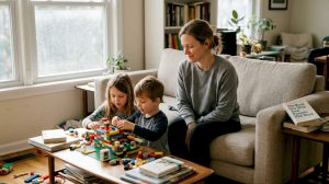 Mother observing children in lived-in living room